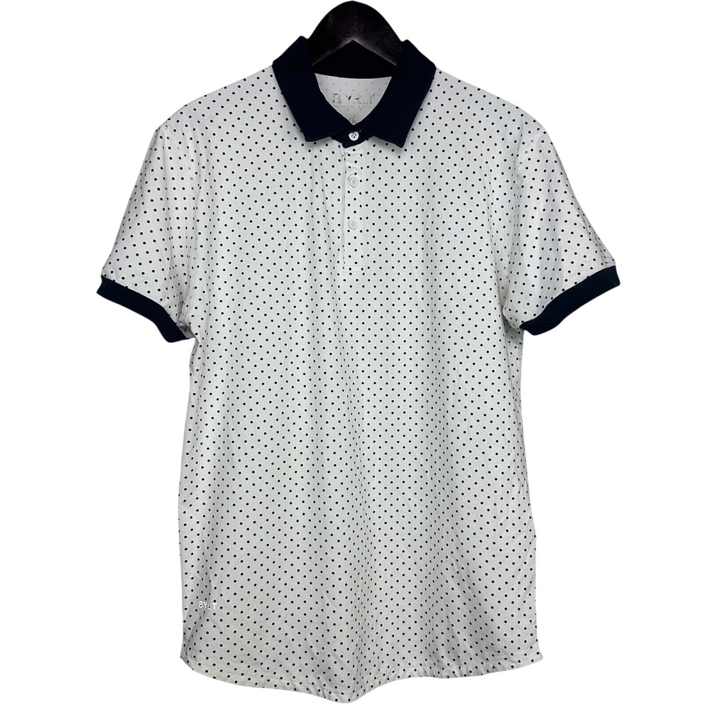 BYLT Premium Basics Lux Polo Shirt Mens Medium White Navy Polka Dot Short Sleeve